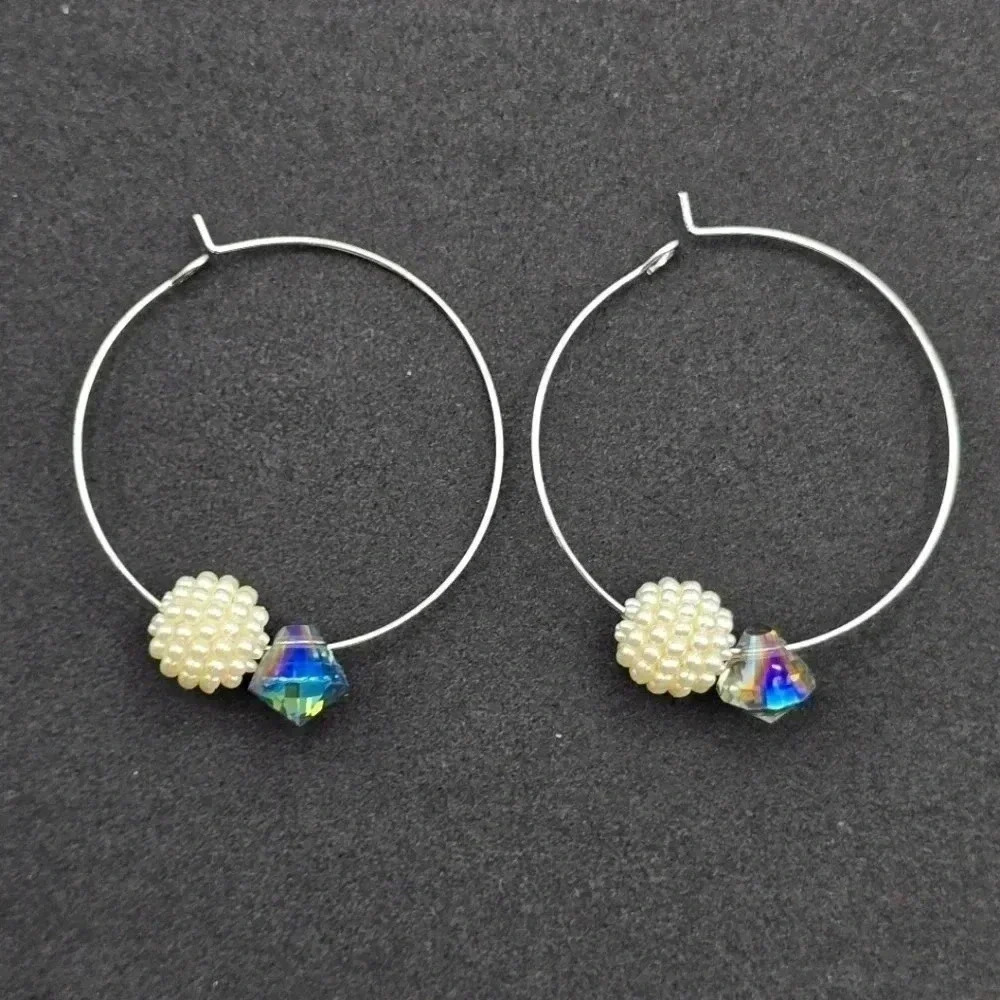 Silver Bead Pearl Hoop Dangle Boho Retro Spring Earrings Fashion Jewelry E28